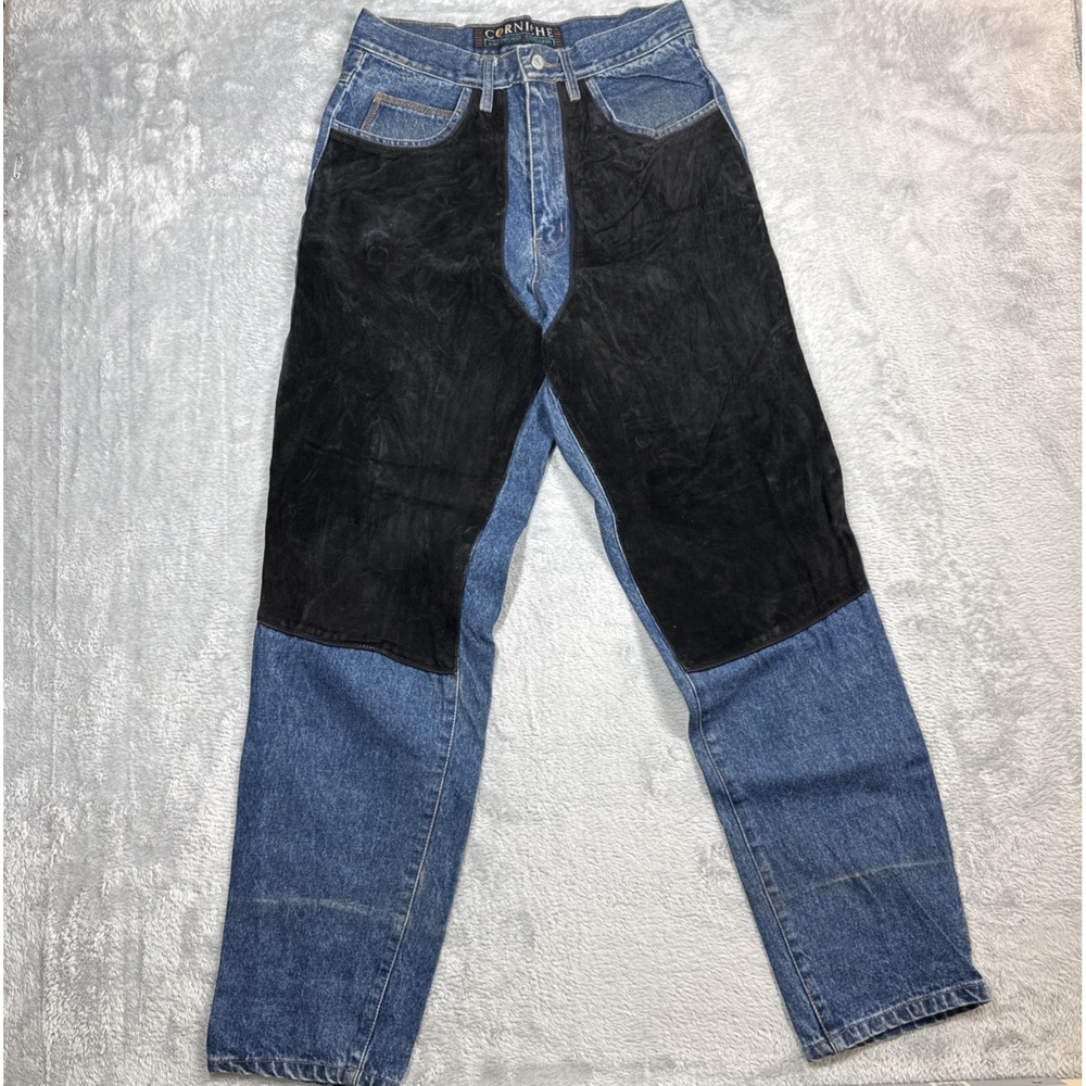Vintage Corniche Chaps Jeans Men 32X33 Blue Black Suede Thighs Tapered READ